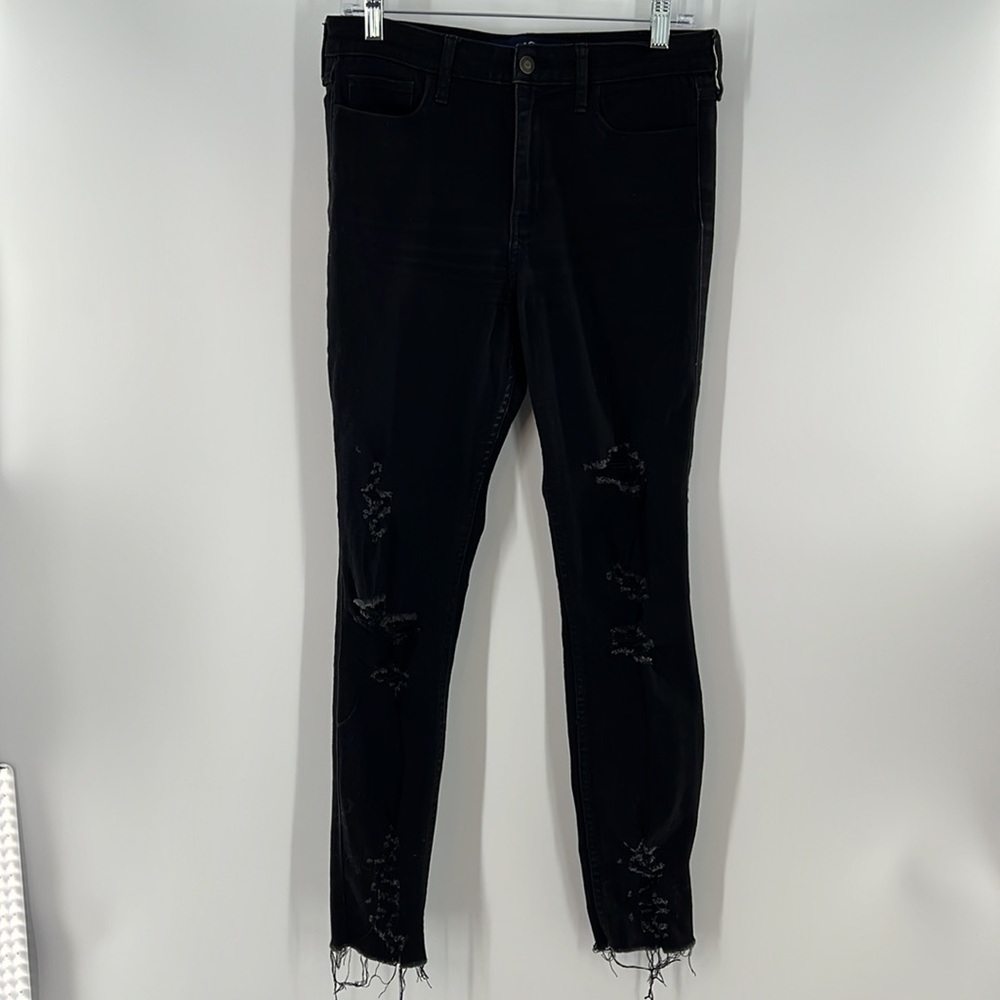 HOLLISTER HIGH RISE SUPER SKINNY BLACK DESTROYED JEANS 9 REGULAR 29/30